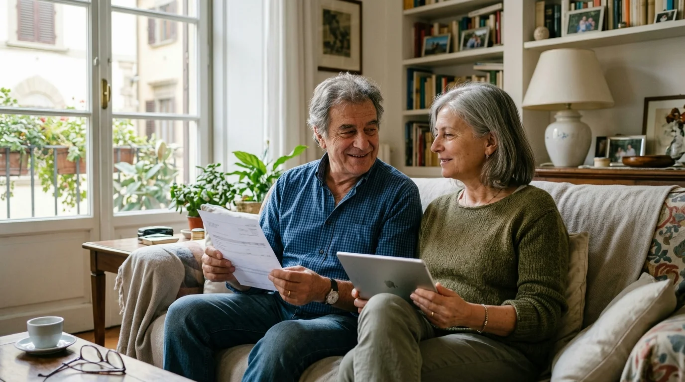 Coppia di pensionati controlla i documenti della pensione a casa